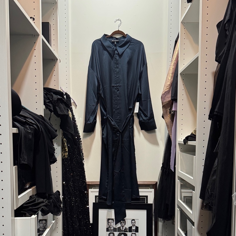 Elegant Belted collared blue long Shirt Dress